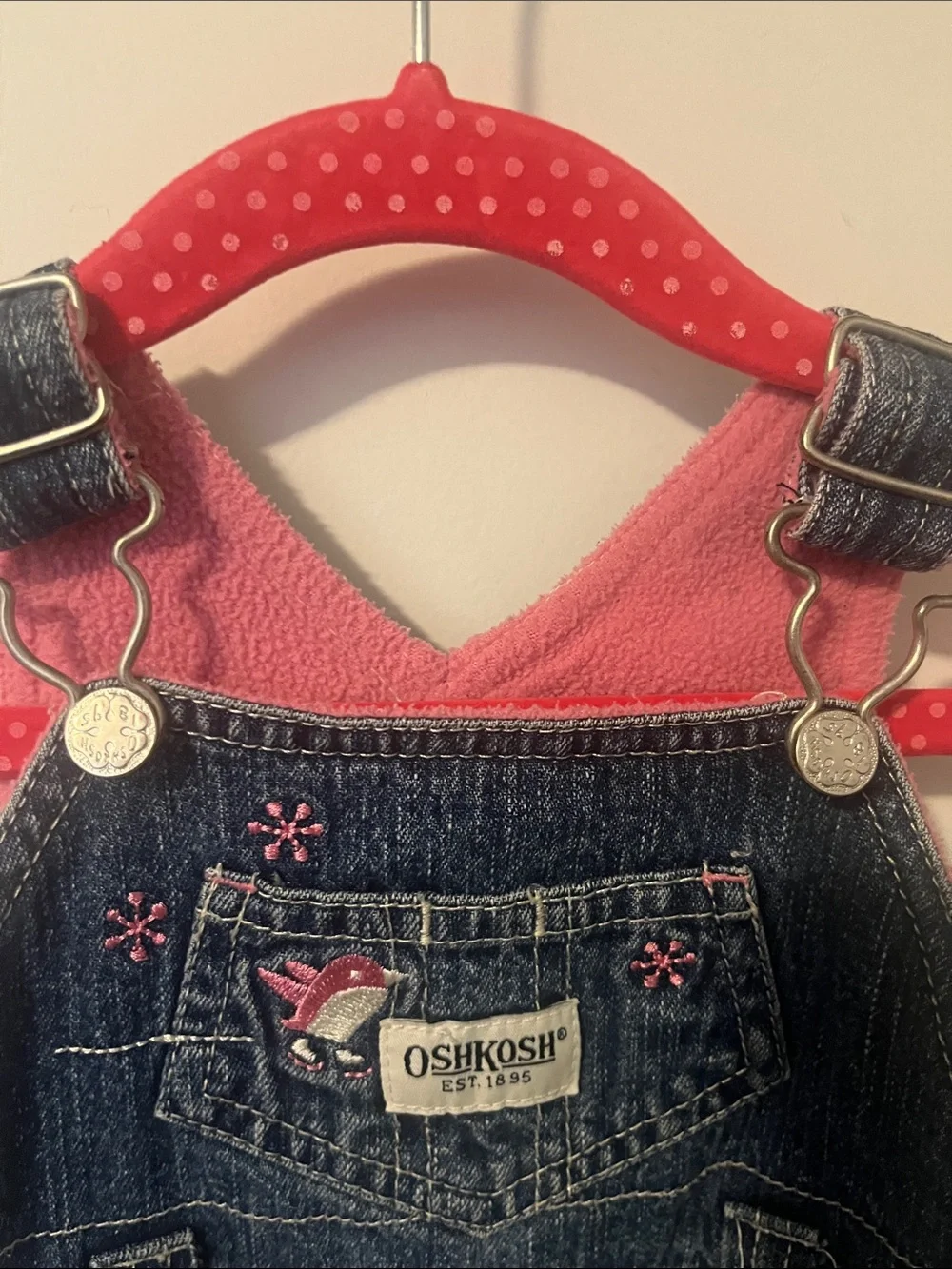 OshKosh B'gosh Dark Blue Denim Overall Dress with Pink Embroidery